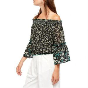 NWT. Free People Rose Valley Off the Shoulder Floral Boho Bell Sleeve Blouse. S.